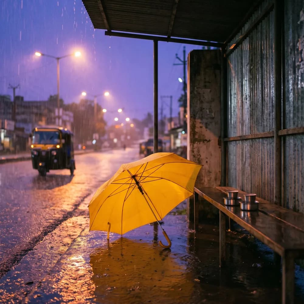 A yellow umbrella resting at a rainy bus stop at dusk