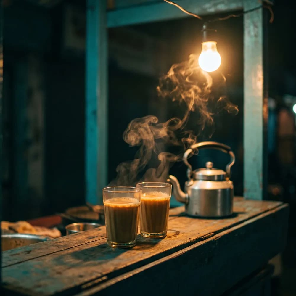 Two glasses of chai and a kettle steaming under a single bulb late at night