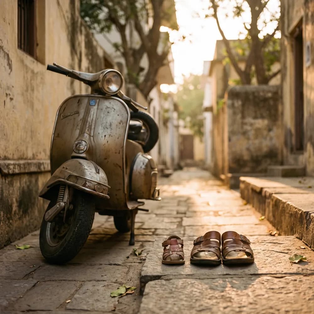 An old scooter parked in a quiet lane beside a pair of sandals