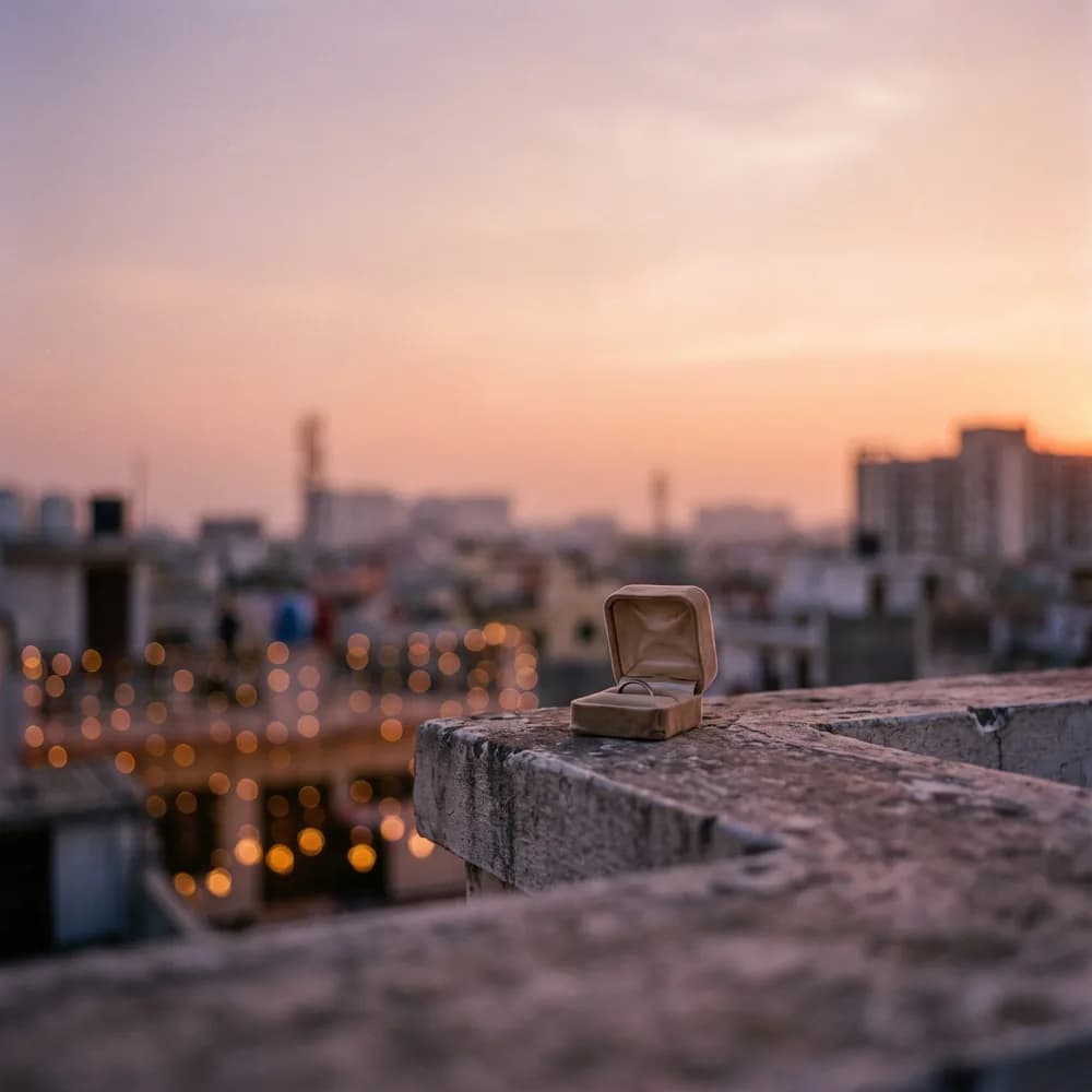 An open ring box on a rooftop ledge above city lights at sunset