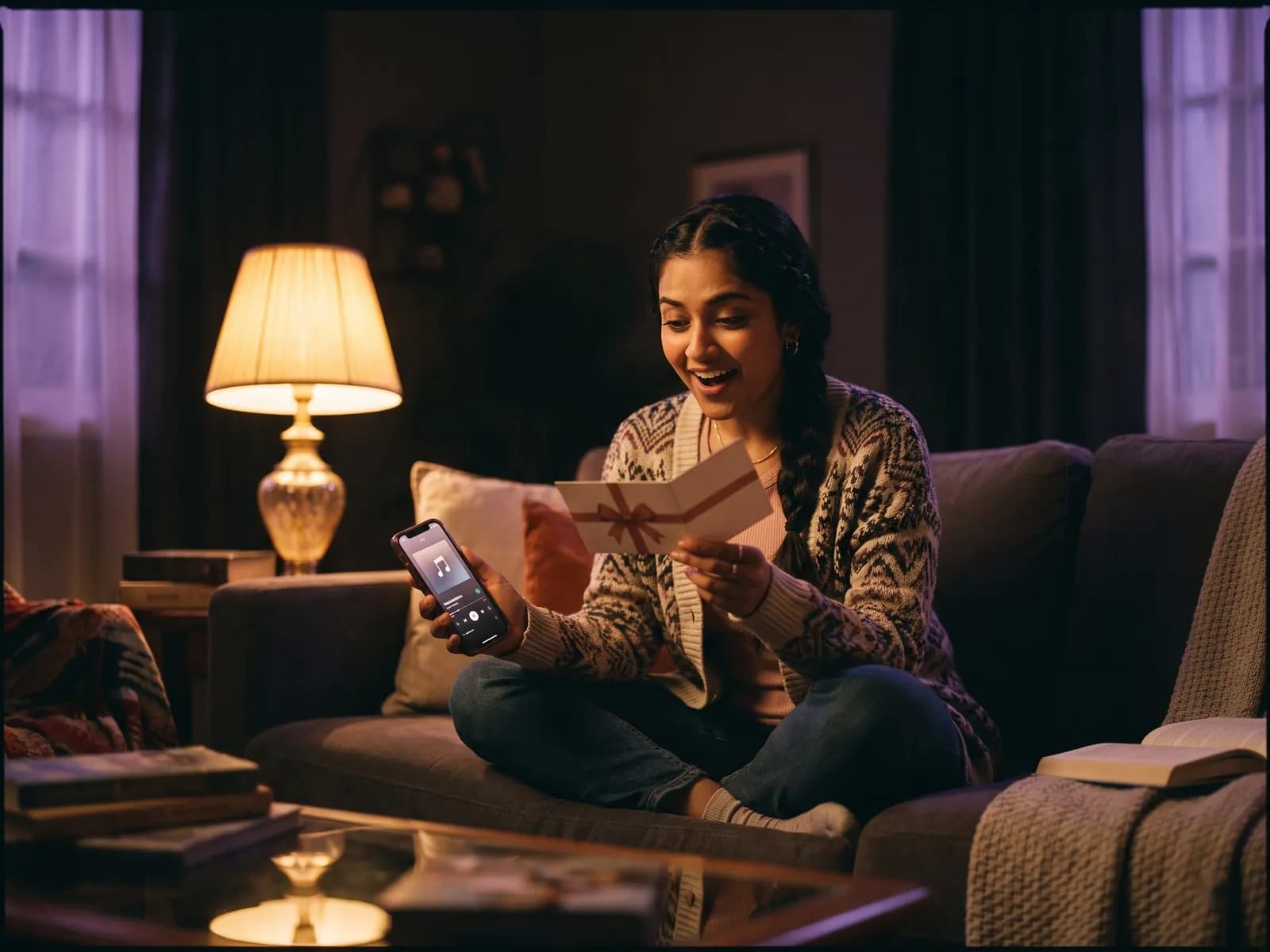 A woman opening a gift card while her phone plays the song made for her