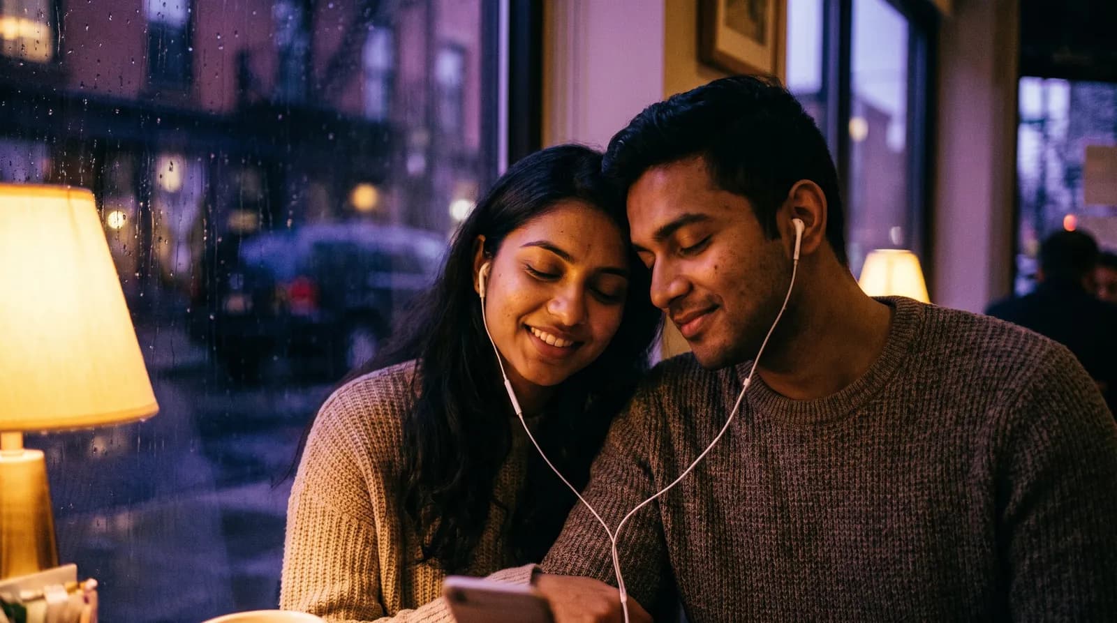 A couple sharing a pair of earphones by a rainy window, listening together