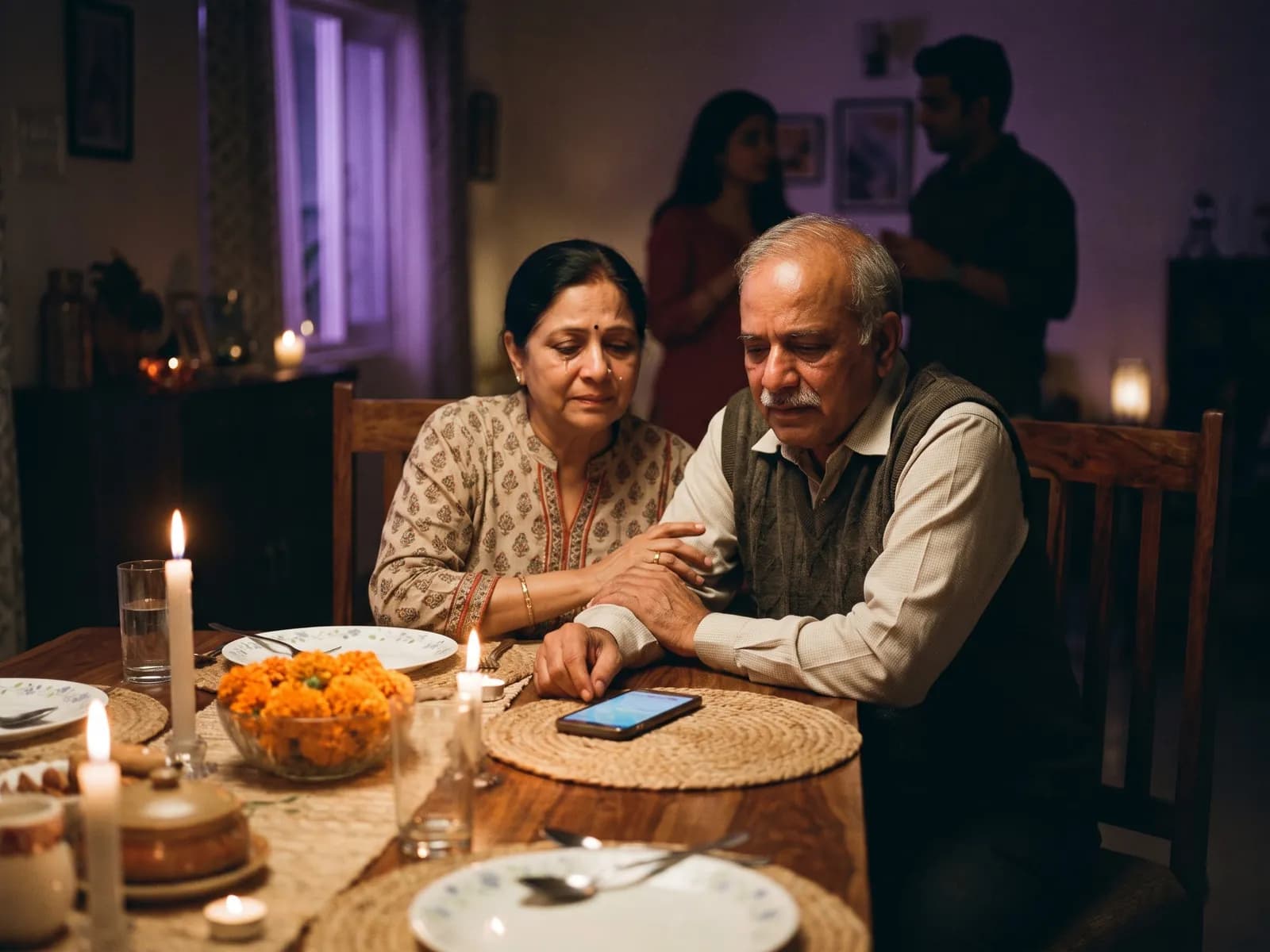 An older couple smiling together at a candlelit family dinner, a song playing from a phone on the table
