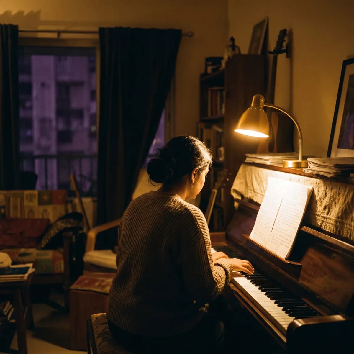 A songwriter at the piano surrounded by lyric sheets
