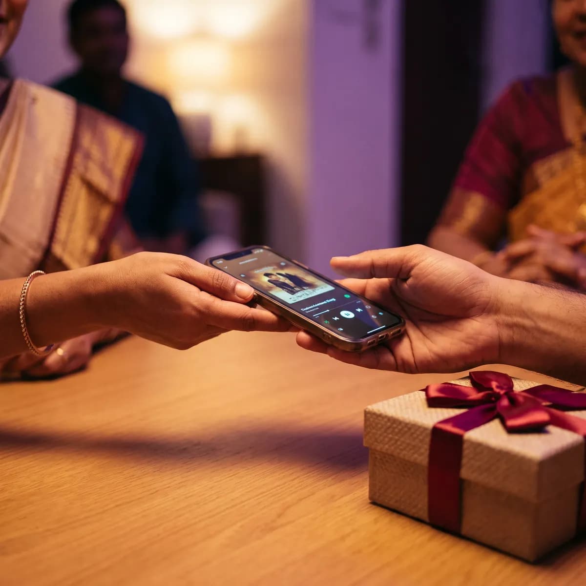 Hands passing a phone that is playing the song, next to an open gift box