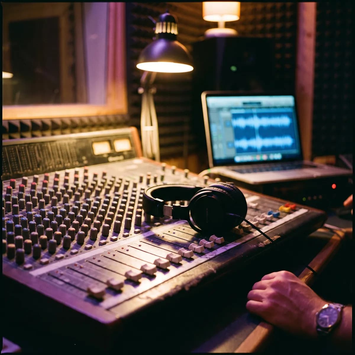 Studio headphones resting on a mixing desk with glowing faders