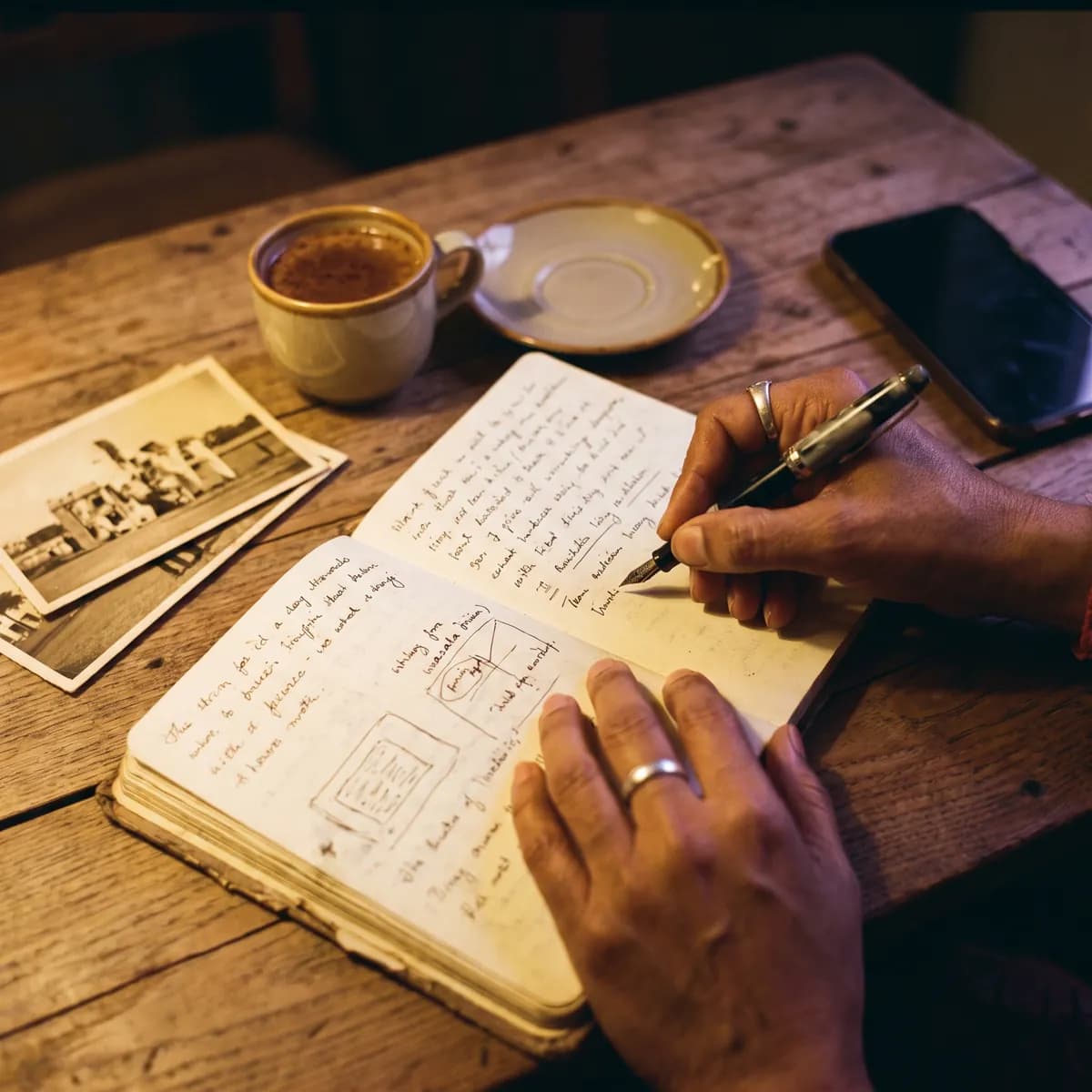 An open notebook with handwritten memories, old photographs and a cup of chai