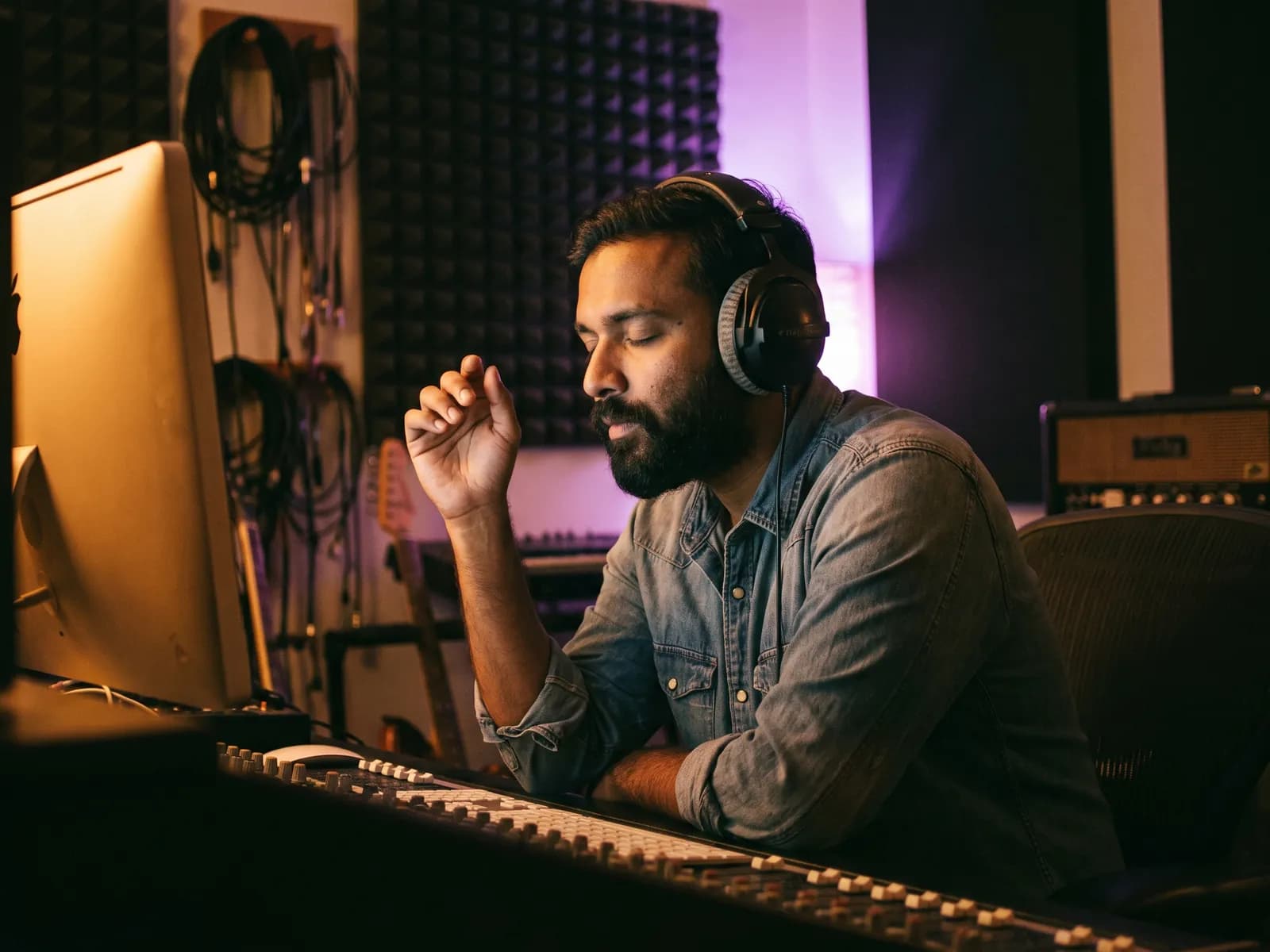 A producer in the studio listening closely through headphones